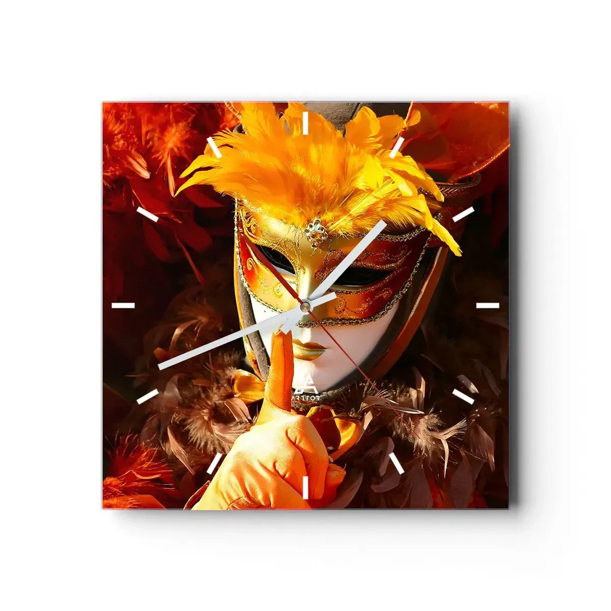 Wanduhr - Glasuhr - Karnevalsmaske in Gold- und Orangetönen - 30x30cm - Geheimnis ist Teil des Spiels - Moderne Wanddekoration für Wohnzimmer und Schlafzimmer ARTTOR