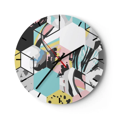 Wanduhr - Glasuhr - Abstrakte Sechsecke in Pastellfarben - 30x30cm - Sechsecke und Würfel in sechs Farben - Moderne Wanddekoration für Wohnzimmer, Küche und Schlafzimmer ARTTOR