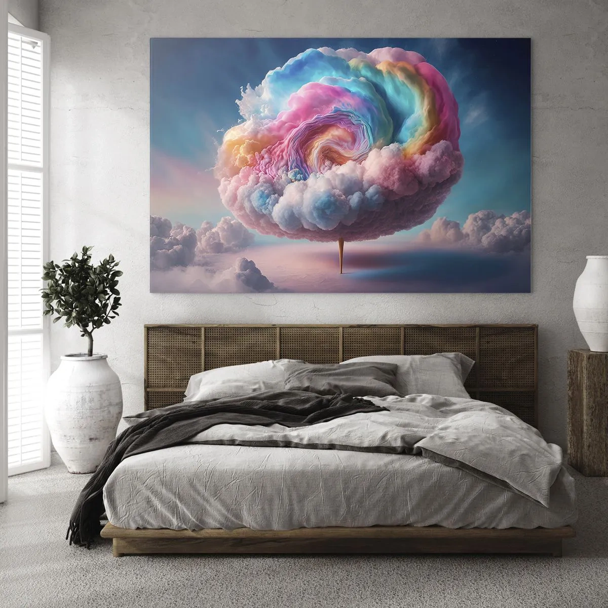 Glasbild - Bild auf glas - Eine fantasievolle Wolke in Pastellfarben, die an Zuckerwatte erinnert. - 70x50cm - Traum von einem Vergnügungspark - Moderne Wanddekoration für Wohnzimmer und Schlafzimmer ARTTOR