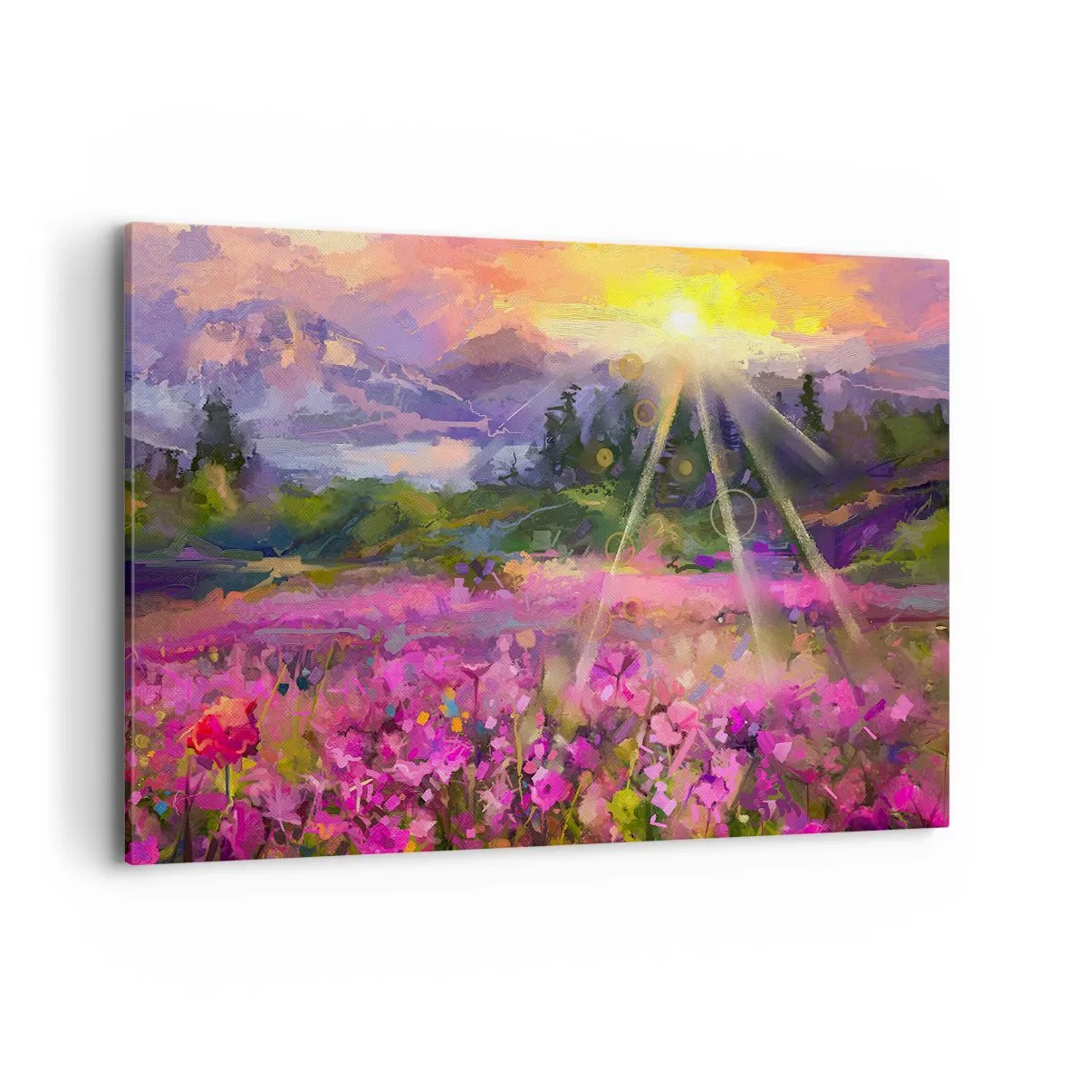 Bild auf Leinwand - Leinwandbild - Eine malerische Wiese in den Strahlen der untergehenden Sonne - 120x80cm - Im Tal unter dem Schutz der Sonne - Moderne Wanddekoration für Wohnzimmer und Schlafzimmer ARTTOR