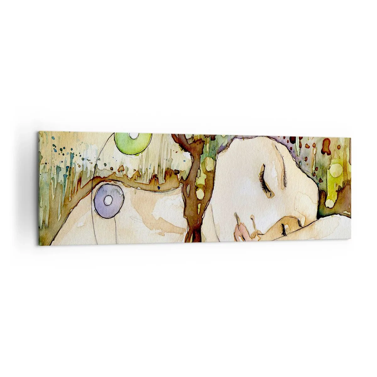 Bild auf Leinwand - Leinwandbild - Eine träumende Frau, umgeben von abstrakten Formen und Farben. - 160x50cm - Ein smaragd-violetter Traum - Moderne Wanddekoration für Wohnzimmer und Schlafzimmer ARTTOR