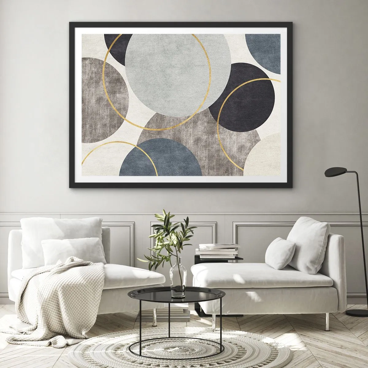 Poster in einem schwarzem Rahmen - Geometrische Kreise in Grau-, Blau- und Goldtönen - 70x50cm - Rad für Rad - Moderne Wanddekoration für Wohnzimmer und Schlafzimmer ARTTOR