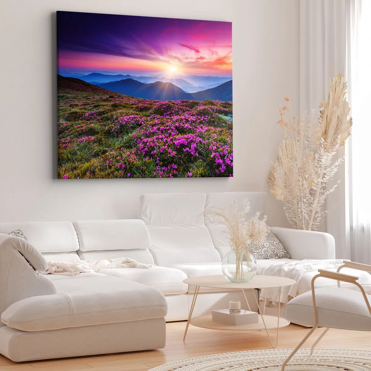 Bild auf Leinwand - Leinwandbild - Bergwiese mit Blumen bei Sonnenuntergang - 70x50cm - Kräuter dufteten nach frischen Trauben von den Feldern - Moderne Wanddekoration für Wohnzimmer und Schlafzimmer ARTTOR