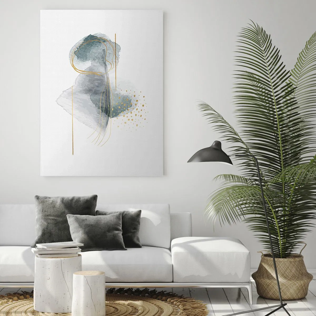 Glasbild - Bild auf glas - Eine abstrakte Komposition in Türkis- und Goldtönen. - 80x120cm - Über das Verhältnis von Grau und Gold - Moderne Wanddekoration für Wohnzimmer und Schlafzimmer ARTTOR