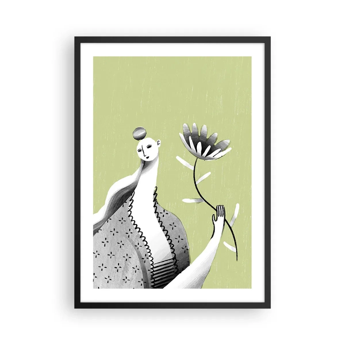 Poster in einem schwarzem Rahmen - Minimalistische Frau hält eine Blume auf grünem Hintergrund - 50x70cm - Modernistisches Porträt – eine Blume haltend - Moderne Wanddekoration für Wohnzimmer und Schlafzimmer ARTTOR