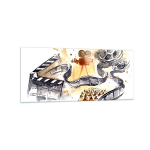 Glasbild - Bild auf glas - Die Symbolik des Kinos mit einem Filmstreifen in einem künstlerischen Aquarell - 120x50cm - Im Land der Träume - Moderne Wanddekoration für Wohnzimmer und Schlafzimmer ARTTOR