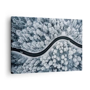 Bild auf Leinwand - Leinwandbild - Eine Vogelperspektive auf eine kurvenreiche Straße in einem Winterwald - 70x50cm - Durch den Winterwald - Moderne Wanddekoration für Wohnzimmer und Schlafzimmer ARTTOR