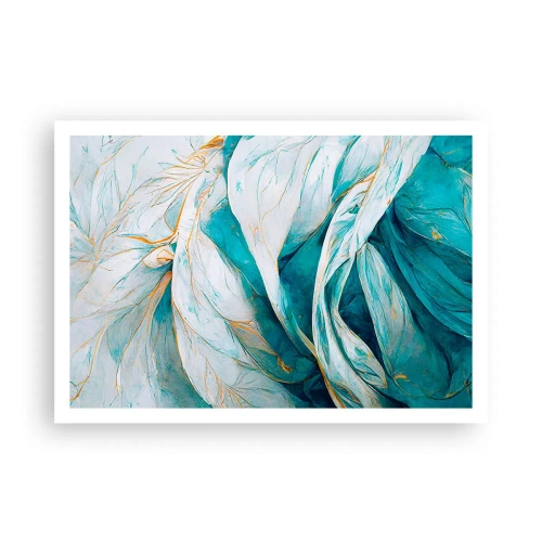 Poster - Abstrakte blaue Blätter mit goldenen Details - 100x70cm - Blaue Abstraktion mit goldenem Motiv - Moderne Wanddekoration für Wohnzimmer und Schlafzimmer ARTTOR