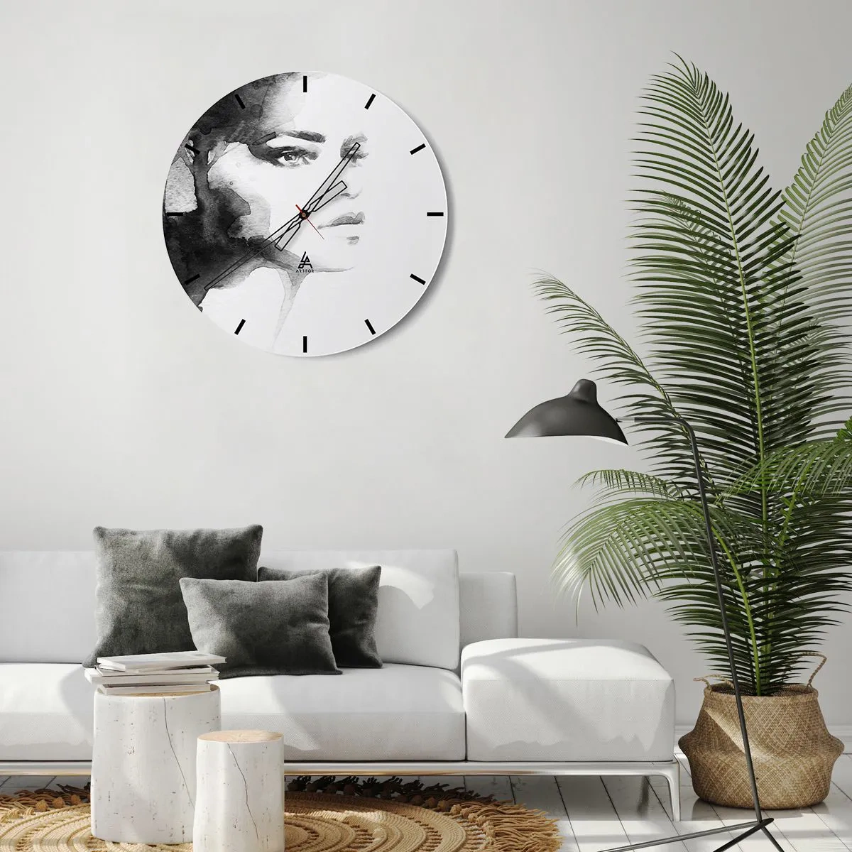 Wanduhr - Glasuhr - Schwarz-weißes Aquarellporträt einer Frau - 30x30cm - Aus Geheimnis und Nebel - Moderne Wanddekoration für Wohnzimmer, Küche und Schlafzimmer ARTTOR