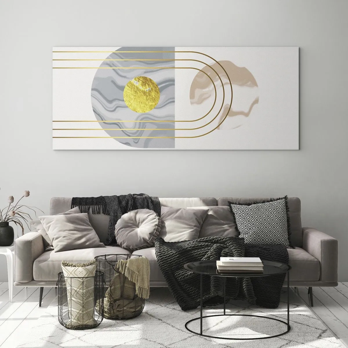 Glasbild - Bild auf glas - Abstrakte Komposition mit Kreisen und goldenen Linien auf hellem Hintergrund. - 140x50cm - Helligkeit und Brillanz - Moderne Wanddekoration für Wohnzimmer und Schlafzimmer ARTTOR