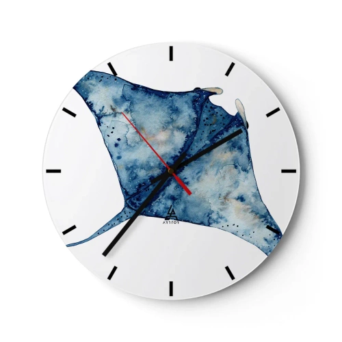 Wanduhr - Glasuhr - Marineblauer Mantarochen im Aquarellstil auf weißem Hintergrund - 30x30cm - Leben im Blau - Moderne Wanddekoration für Wohnzimmer, Küche und Schlafzimmer ARTTOR