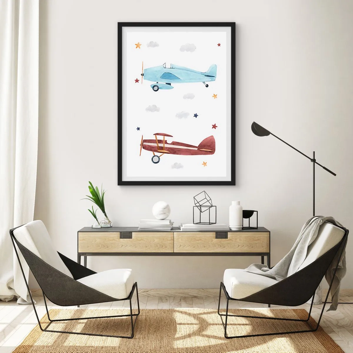 Poster in einem schwarzem Rahmen - Aquarellillustrationen von zwei Flugzeugen, die zwischen Wolken und Sternen schweben. - 50x70cm - Wir warten, Herr Pilot! - Moderne Wanddekoration für Wohnzimmer und Schlafzimmer ARTTOR