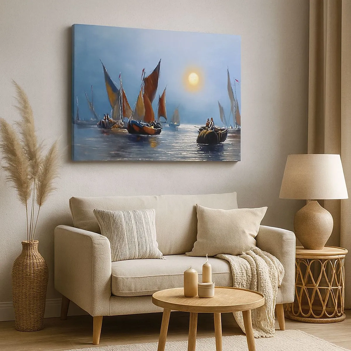 Bild auf Leinwand - Leinwandbild - Boote mit Segeln auf ruhigem Wasser bei Sonnenuntergang - 70x50cm - Nachtfang - Moderne Wanddekoration für Wohnzimmer und Schlafzimmer ARTTOR