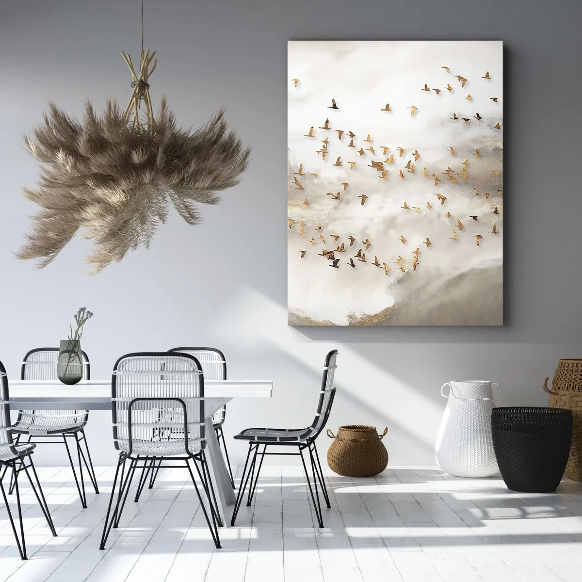 Bild auf Leinwand - Leinwandbild - Goldene Vögel vor den nebligen Bergen - 50x70cm - Es ist schon die Zeit… - Moderne Wanddekoration für Wohnzimmer und Schlafzimmer ARTTOR