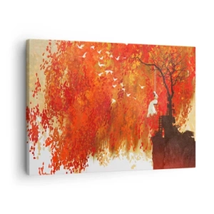 Bild auf Leinwand - Leinwandbild - Eine Figur auf einer Schaukel neben einem Baum, umgeben von roten Blättern - 70x50cm - Wird er mit ihnen fliegen? - Moderne Wanddekoration für Wohnzimmer und Schlafzimmer ARTTOR