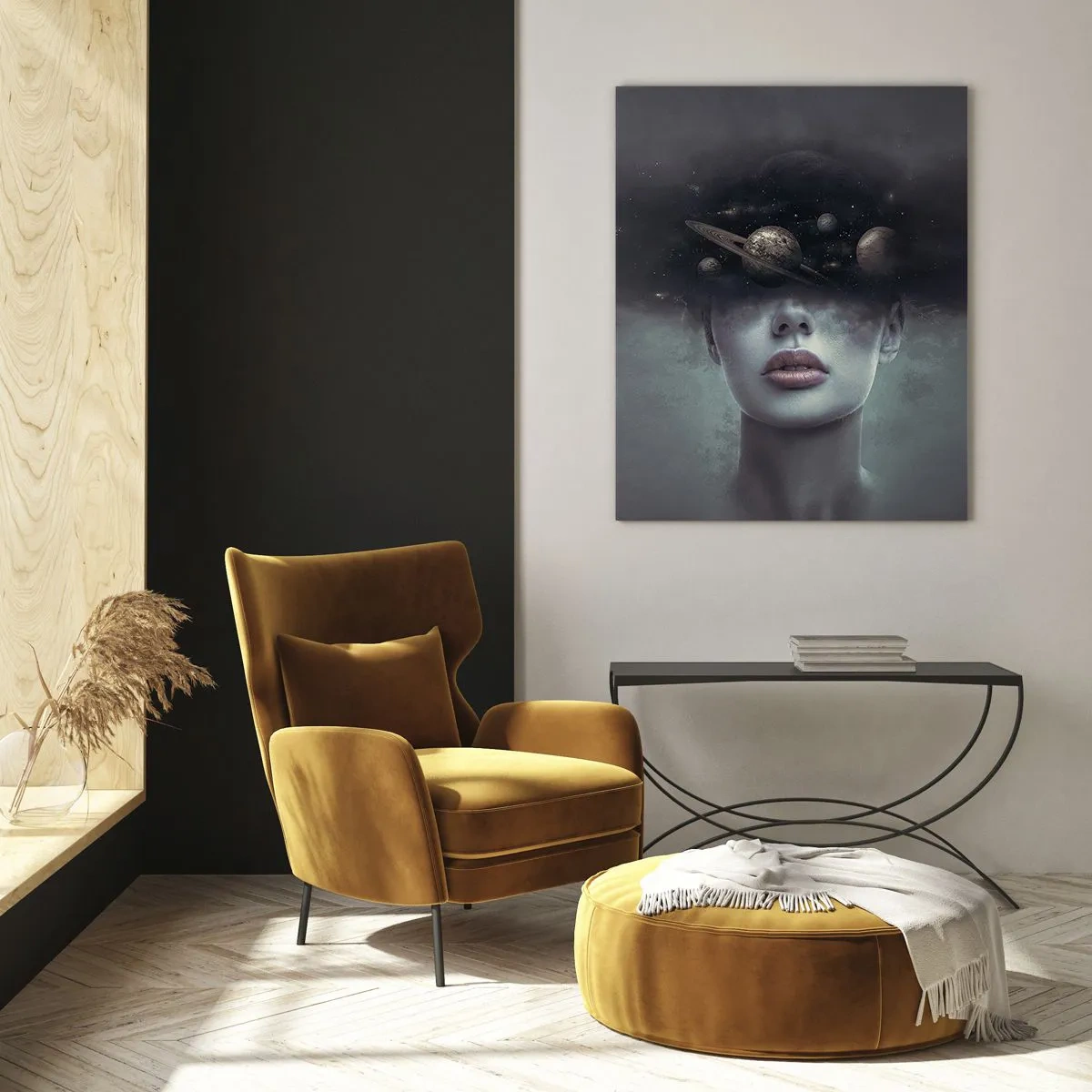 Glasbild - Bild auf glas - Eine Frau mit Planeten als Kopf in einer surrealen Komposition - 50x70cm - Und die Planeten spielen verrückt ... - Moderne Wanddekoration für Wohnzimmer und Schlafzimmer ARTTOR