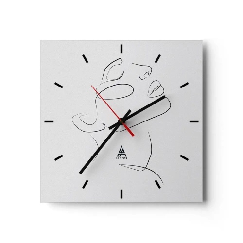 Wanduhr - Glasuhr - Eine minimalistische Skizze des Gesichts einer Frau im Profil. - 30x30cm - Die Drehungen und Wendungen der Träume - Moderne Wanddekoration für Wohnzimmer und Schlafzimmer ARTTOR