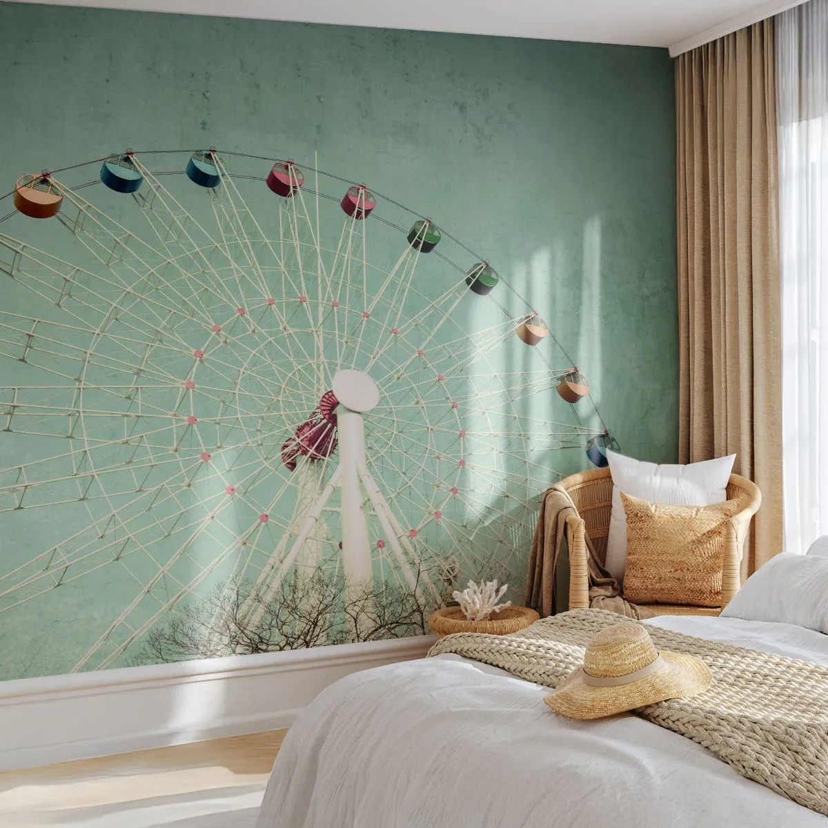 Fototapete Premium Canvas - Ein buntes Riesenrad vor blauem Himmel im Retro-Stil - 100x70cm - Wir laden zum Spiel ein - Moderne Wanddekoration für Wohnzimmer und Schlafzimmer ARTTOR