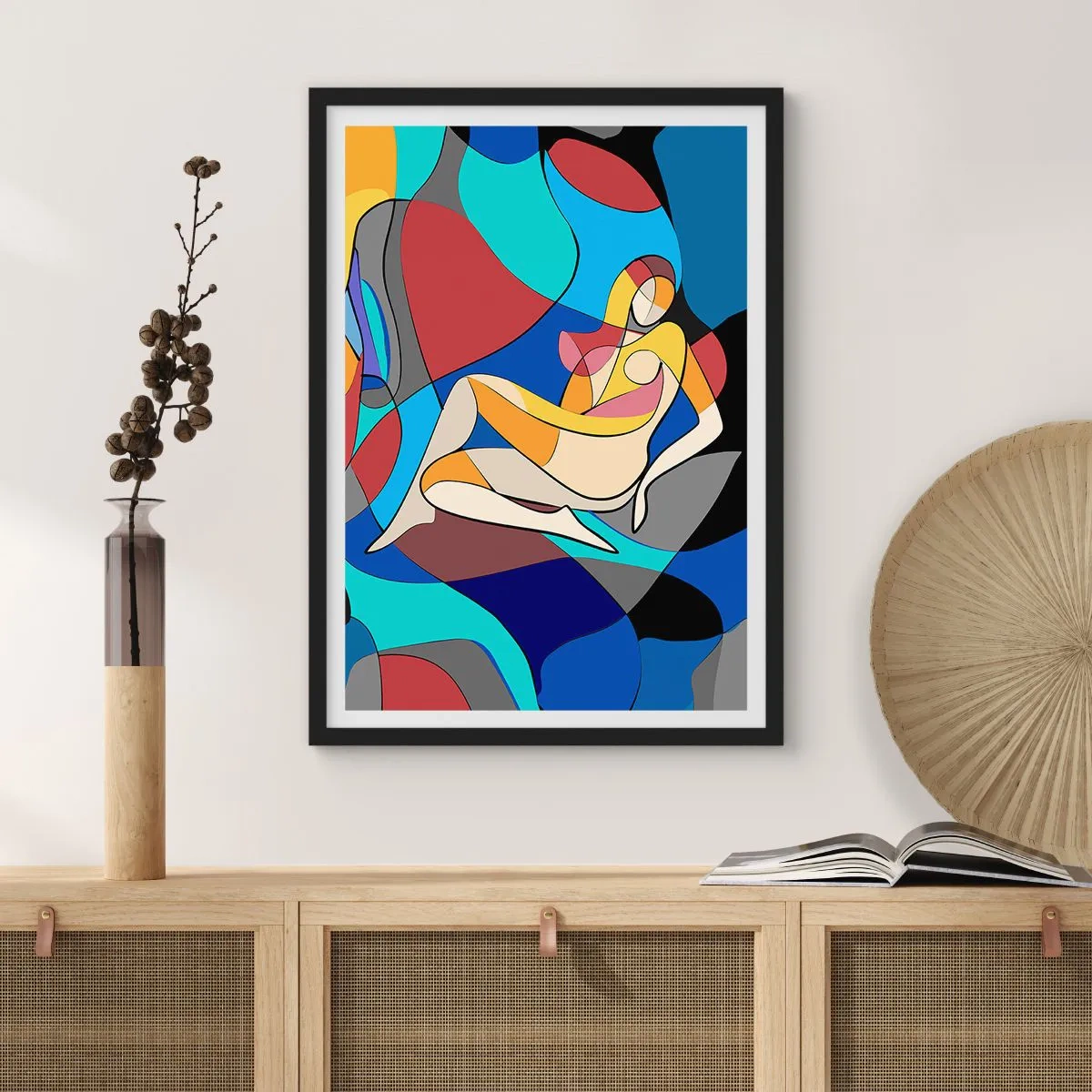 Poster in einem schwarzem Rahmen - Abstrakte Silhouette einer Frau in einer farbenfrohen Komposition - 50x70cm - Kubistischer Akt - Moderne Wanddekoration für Wohnzimmer und Schlafzimmer ARTTOR