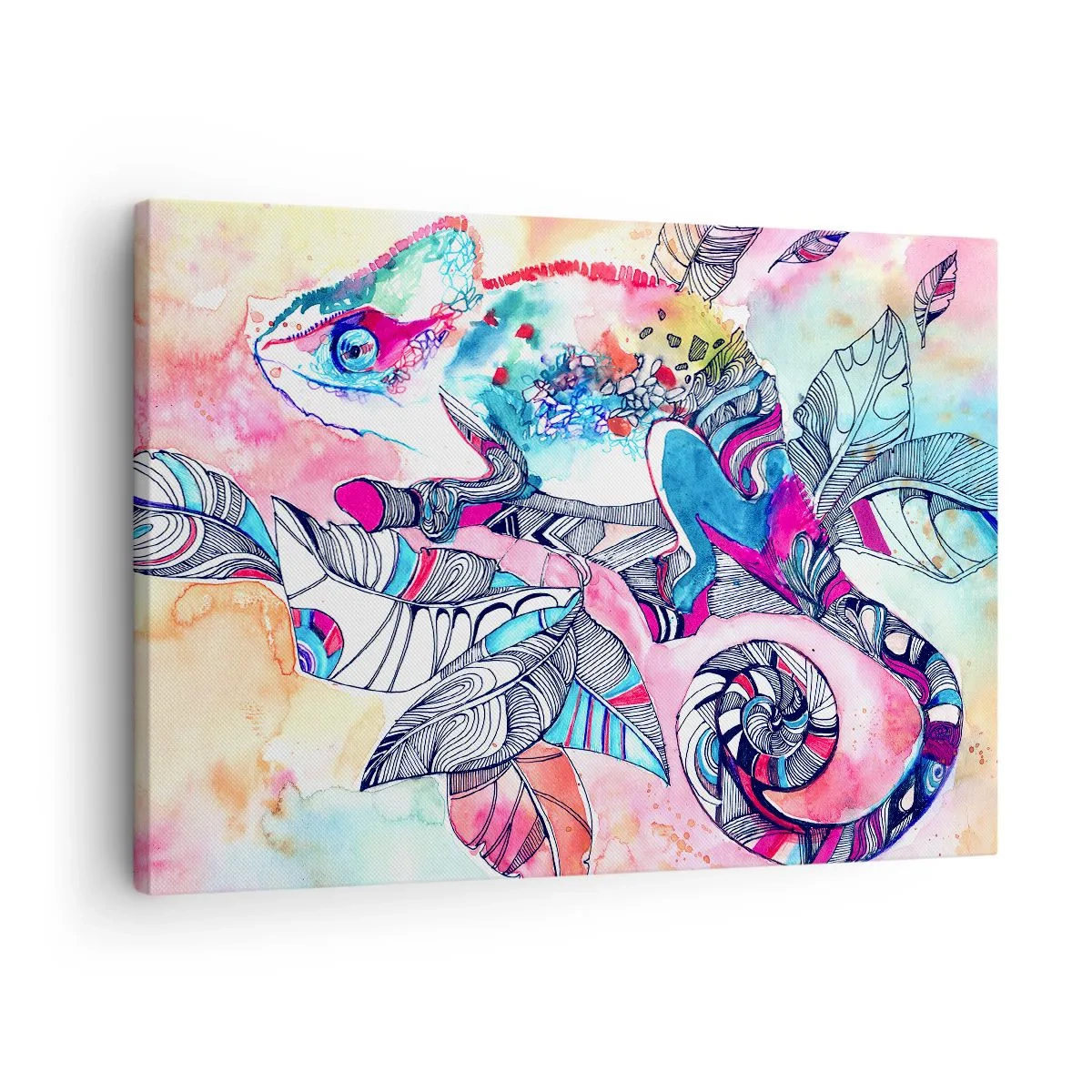 Bild auf Leinwand - Leinwandbild - Buntes Chamäleon auf abstraktem Blätterhintergrund - 70x50cm - So bunt wie unsere Welt - Moderne Wanddekoration für Wohnzimmer und Schlafzimmer ARTTOR