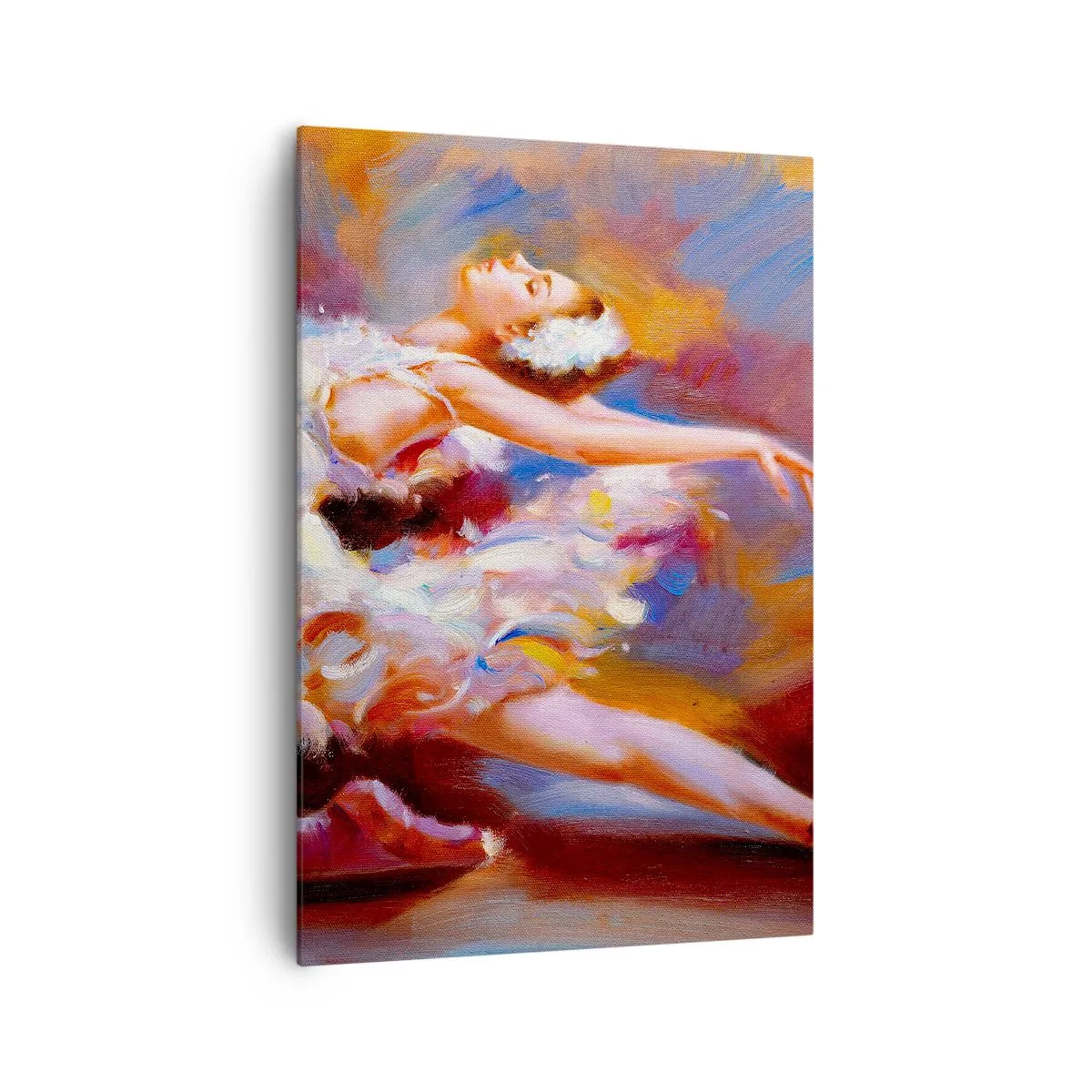 Bild auf Leinwand - Leinwandbild - Eine Ballerina in dynamischer Pose inmitten von Pastellfarben. - 70x100cm - Schwan Gnade - Moderne Wanddekoration für Wohnzimmer und Schlafzimmer ARTTOR