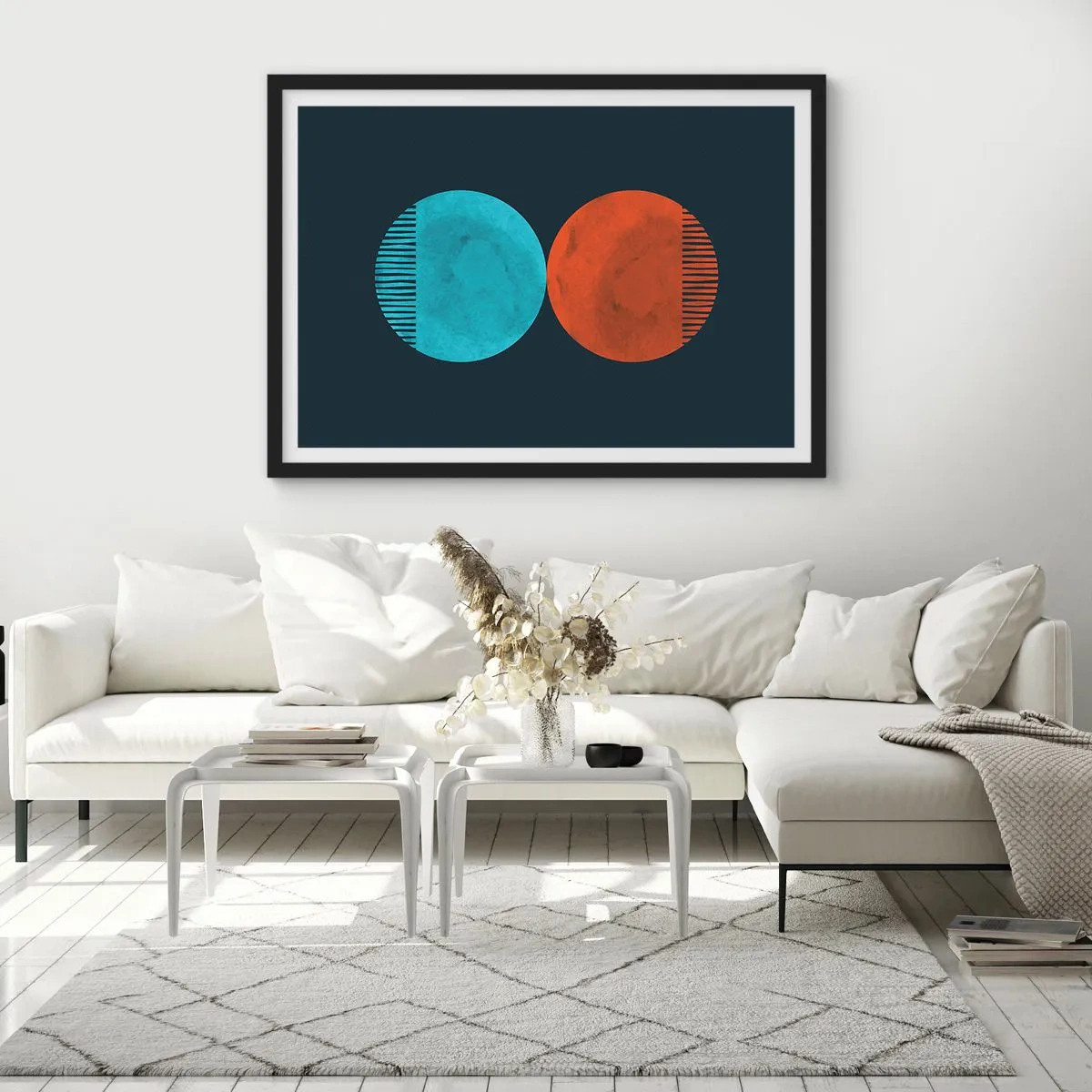 Poster in einem schwarzem Rahmen - Minimalistisches Zweirad-Design in Blau und Orange - 100x70cm - Nur Geometrie? - Moderne Wanddekoration für Wohnzimmer und Schlafzimmer ARTTOR