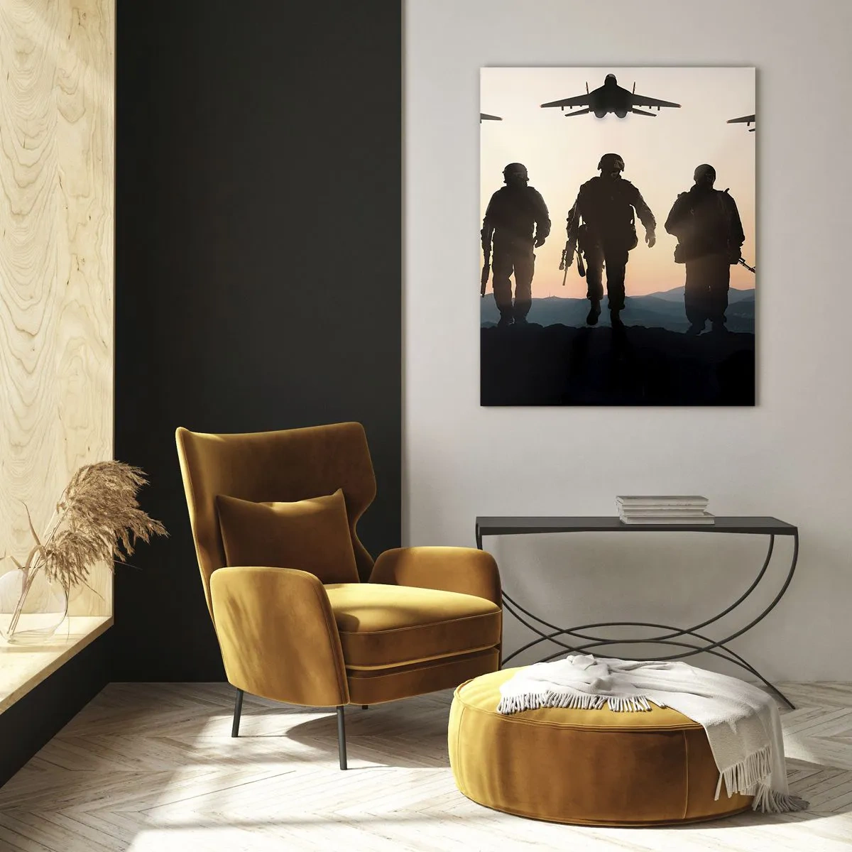 Glasbild - Bild auf glas - Silhouetten von Soldaten und Kampfjets vor dem Hintergrund des Sonnenuntergangs - 70x100cm - Willkommen in unserer Welt - Moderne Wanddekoration für Wohnzimmer und Schlafzimmer ARTTOR
