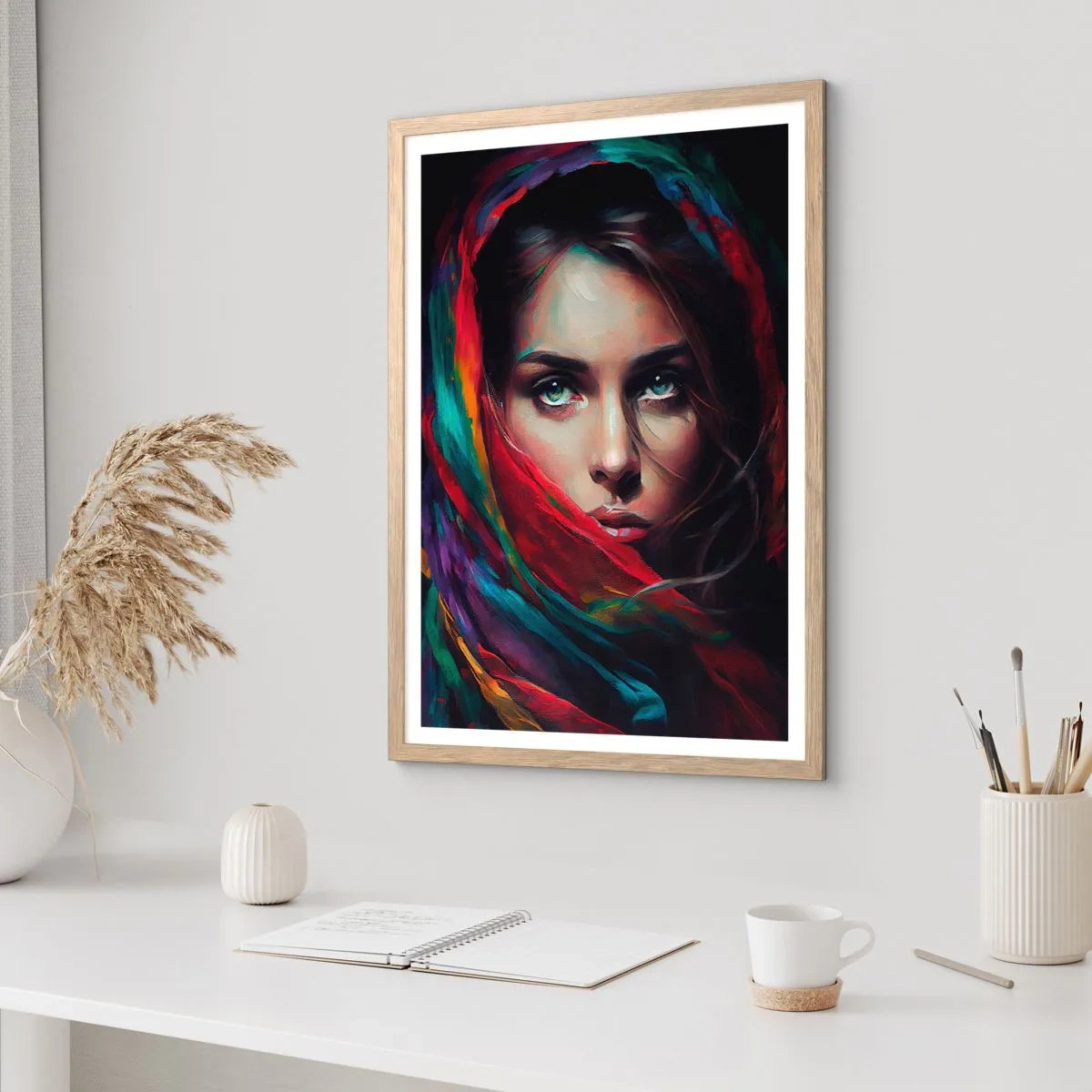 Poster in einem Rahmen aus heller Eiche - Grünäugiges Geheimnis - 61x91 cm