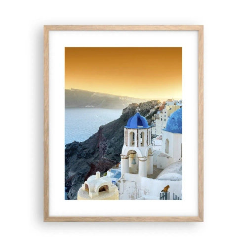 Poster in einem Rahmen aus heller Eiche - Santorini - an die Felsen gekuschelt - 40x50 cm