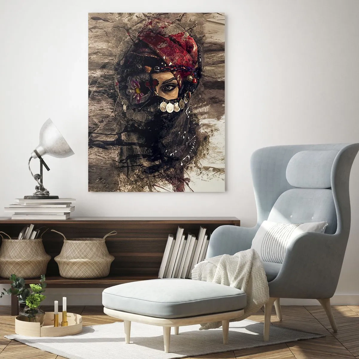 Glasbild - Bild auf glas - Künstlerisches Porträt einer Frau in orientalischer Kleidung vor abstraktem Hintergrund. - 70x100cm - Gelinde gesagt besorgniserregend - Moderne Wanddekoration für Wohnzimmer und Schlafzimmer ARTTOR