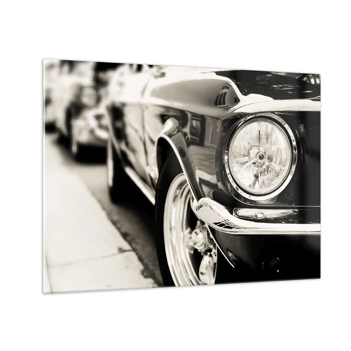 Glasbild - Bild auf glas - Nahaufnahme der Front eines Oldtimers in Sepia - 70x50cm - Dauerhafter Glanz - Moderne Wanddekoration für Wohnzimmer und Schlafzimmer ARTTOR