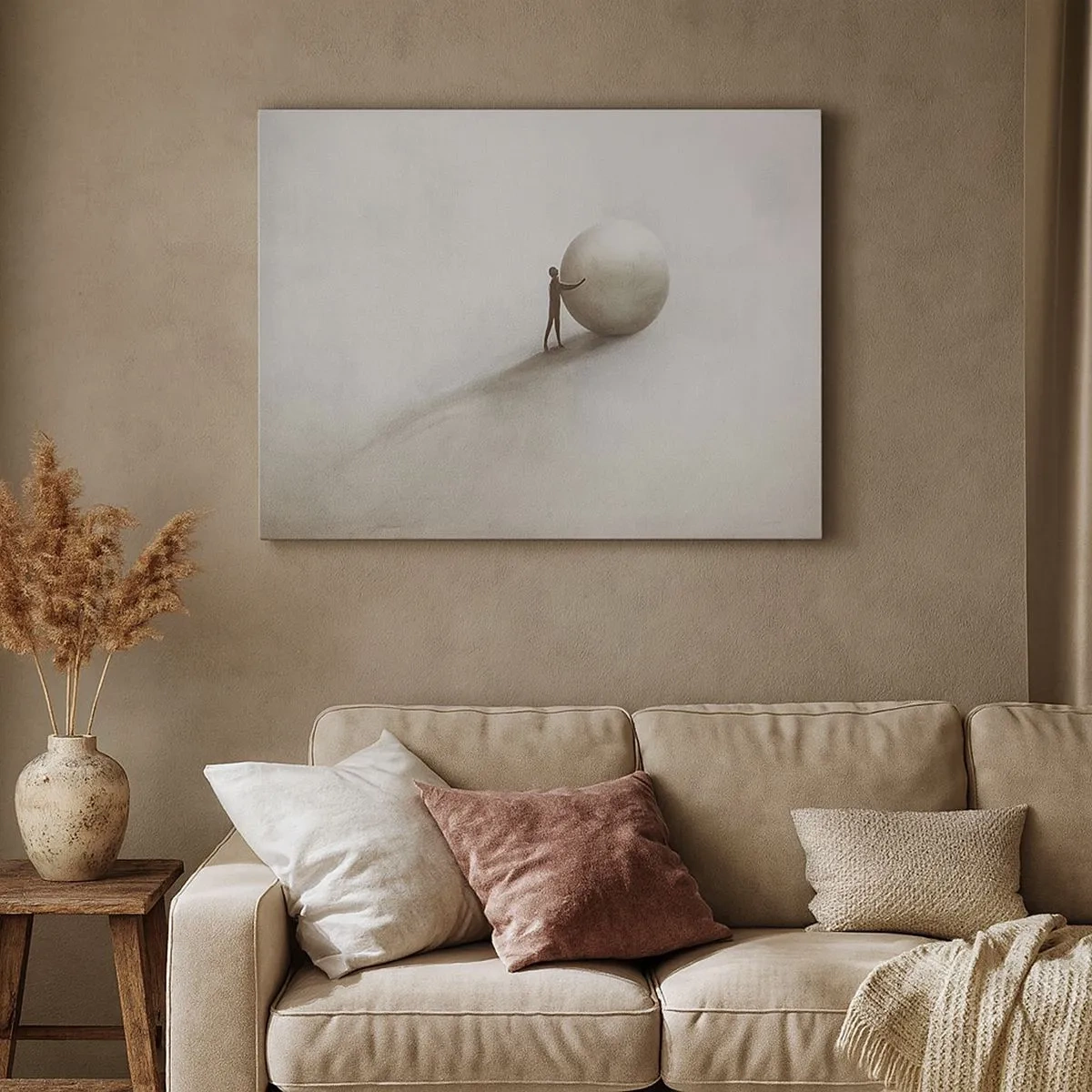 Bild auf Leinwand - Leinwandbild - Eine minimalistische Figur mit einem Ball auf einem hellen, monochromen Hintergrund. - 70x50cm - Das Spiel des Lebens - Moderne Wanddekoration für Wohnzimmer und Schlafzimmer ARTTOR