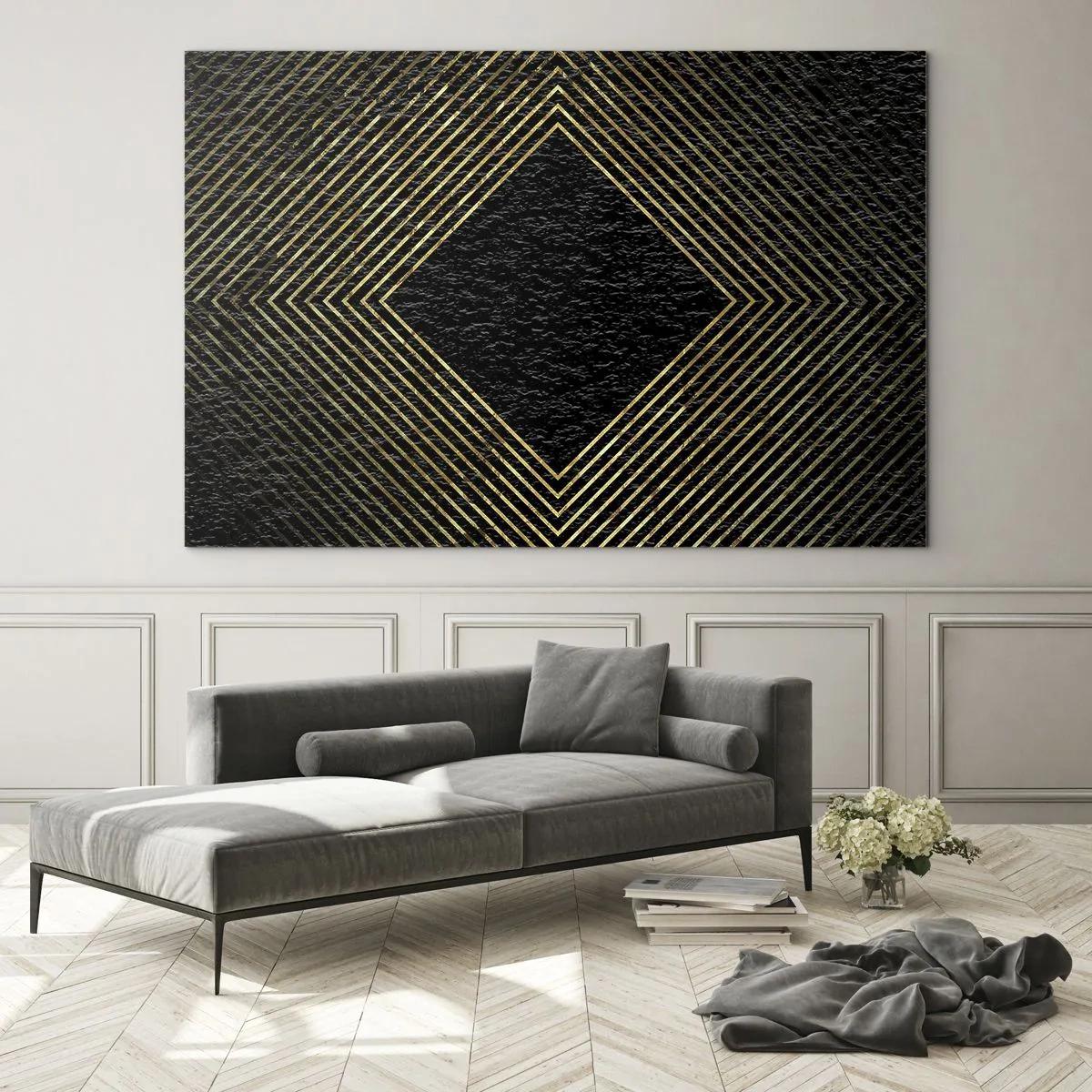 Glasbild - Bild auf glas - Goldener Diamant mit geometrischen Linien auf schwarzem Hintergrund - 70x50cm - Geometrie im glamourösen Stil - Moderne Wanddekoration für Wohnzimmer und Schlafzimmer ARTTOR