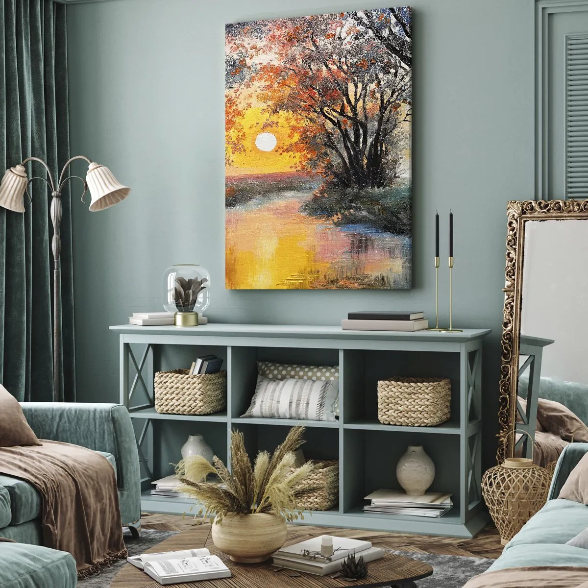 Bild auf Leinwand - Leinwandbild - Sonnenuntergang über dem Fluss in einer Herbstlandschaft - 50x70cm - Herbststimmung - Moderne Wanddekoration für Wohnzimmer und Schlafzimmer ARTTOR