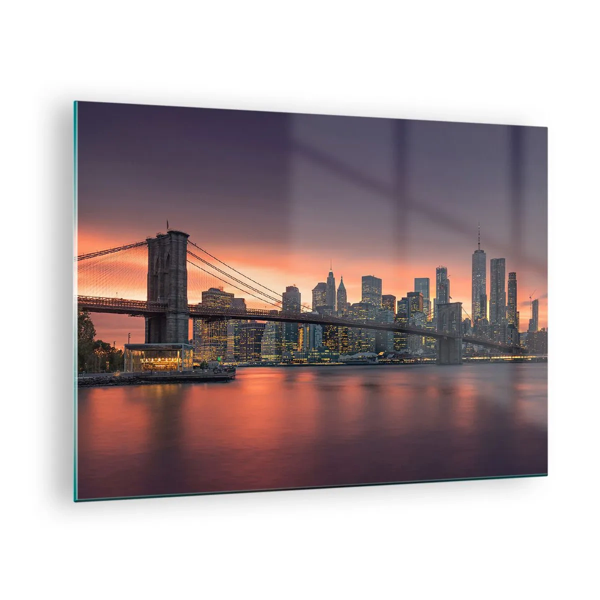 Glasbild - Bild auf glas - Brooklyn Bridge bei Sonnenuntergang - 70x50cm - Eingetaucht in lila Stille - Moderne Wanddekoration für Wohnzimmer und Schlafzimmer ARTTOR