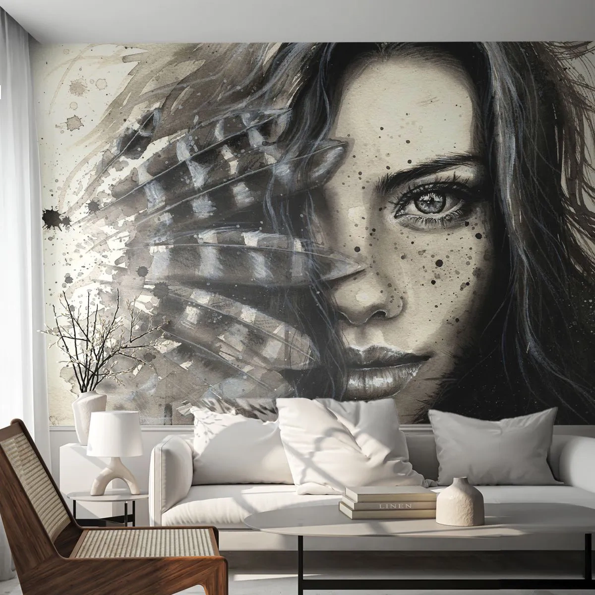 Fototapete Premium Sand - Wilde Schönheit - Frau, Vogelfedern, Grafik - 150x105 cm