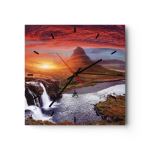 Wanduhr - Glasuhr - Berglandschaft mit Wasserfall bei Sonnenuntergang - 30x30cm - Ein Blick auf Mittelerde - Moderne Wanddekoration für Wohnzimmer und Schlafzimmer ARTTOR