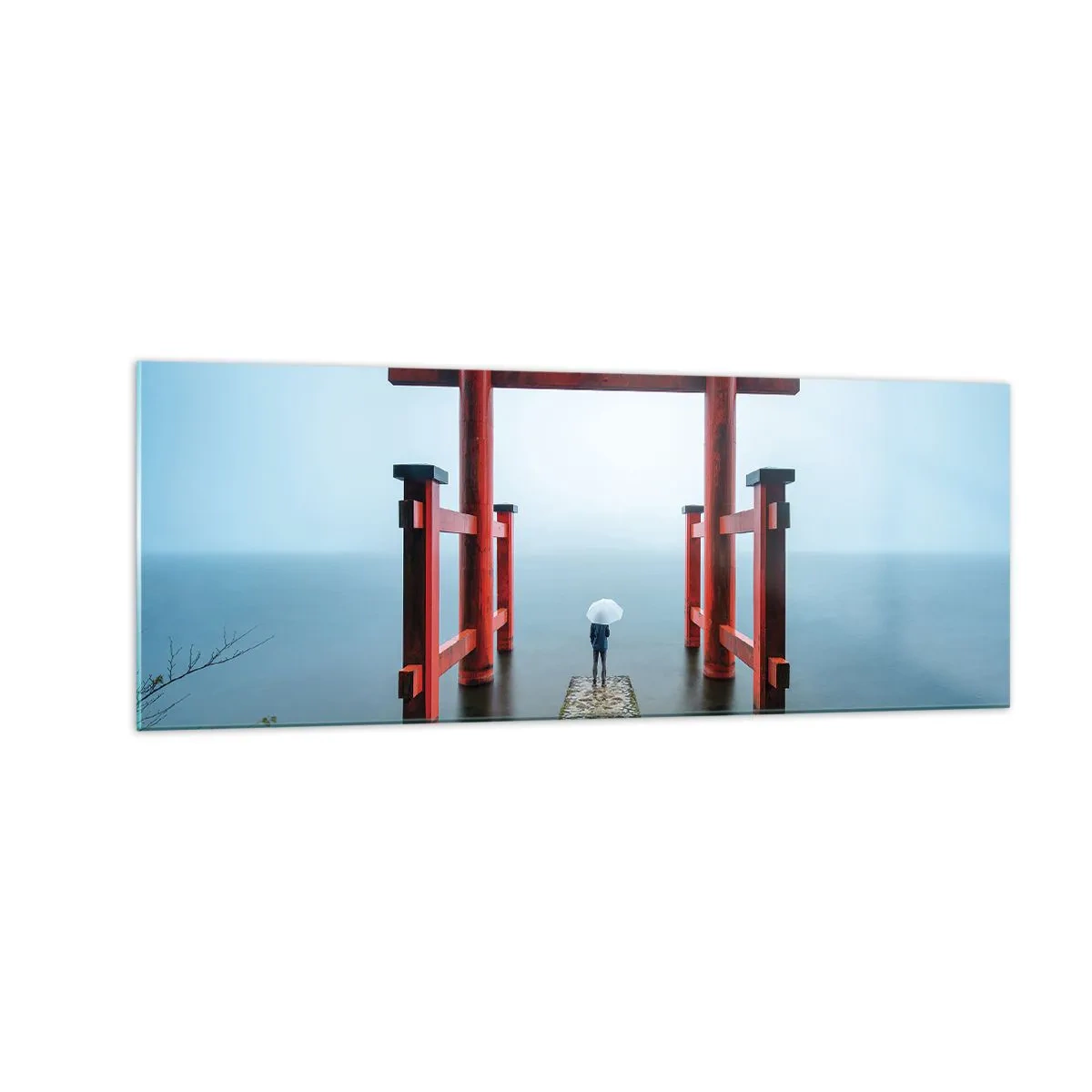 Glasbild - Bild auf glas - Ein Torii-Tor mit Blick auf einen ruhigen See in Japan - 140x50cm - Japanische Träumerei - Moderne Wanddekoration für Wohnzimmer und Schlafzimmer ARTTOR