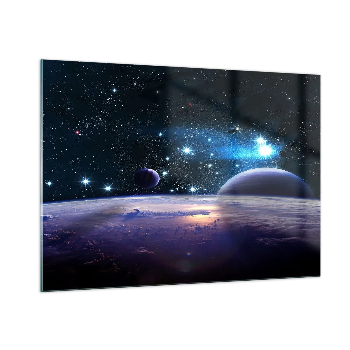 Glasbild - Bild auf glas - Eine Weltraumlandschaft mit Planeten und Sternen vor dem Hintergrund einer Galaxie. - 100x70cm - Noch allein? - Moderne Wanddekoration für Wohnzimmer und Schlafzimmer ARTTOR