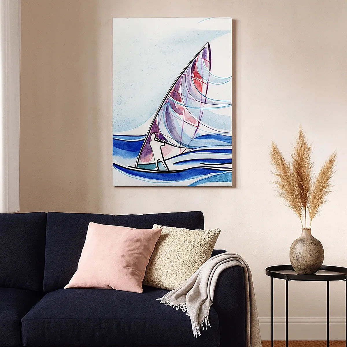 Bild auf Leinwand - Leinwandbild - Ein Surfer, der in einer abstrakten Aquarellkomposition auf den Wellen reitet - 50x70cm - Mit dem Wind im Rhythmus der Wellen - Moderne Wanddekoration für Wohnzimmer und Schlafzimmer ARTTOR