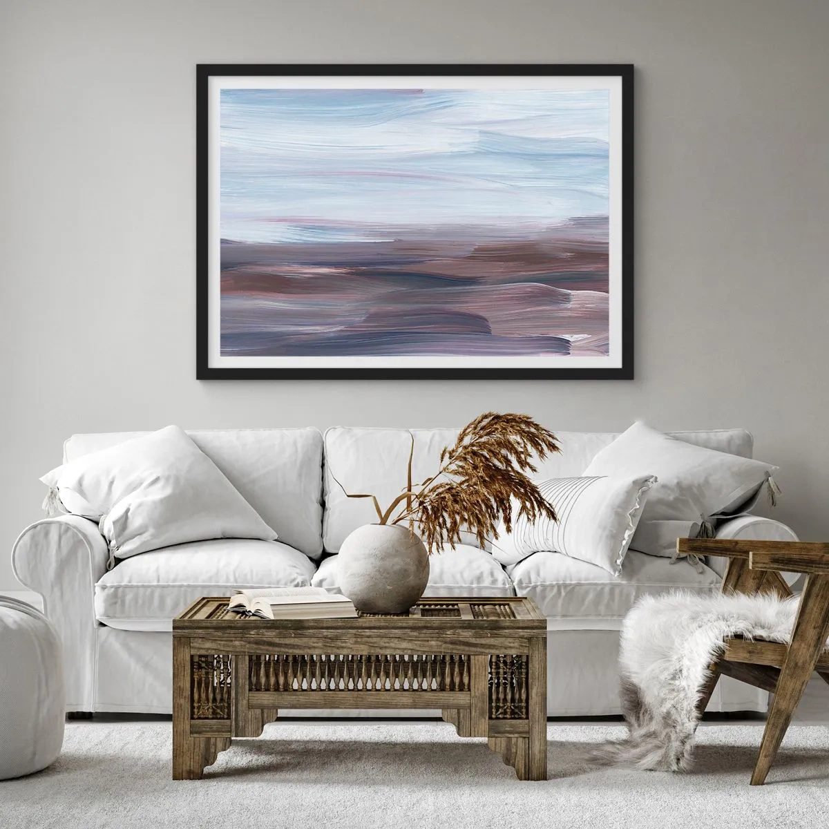 Poster in einem schwarzem Rahmen - Eine subtile Abstraktion mit zarten Strichen in Pastelltönen. - 70x50cm - Elemente: Wasser - Moderne Wanddekoration für Wohnzimmer und Schlafzimmer ARTTOR