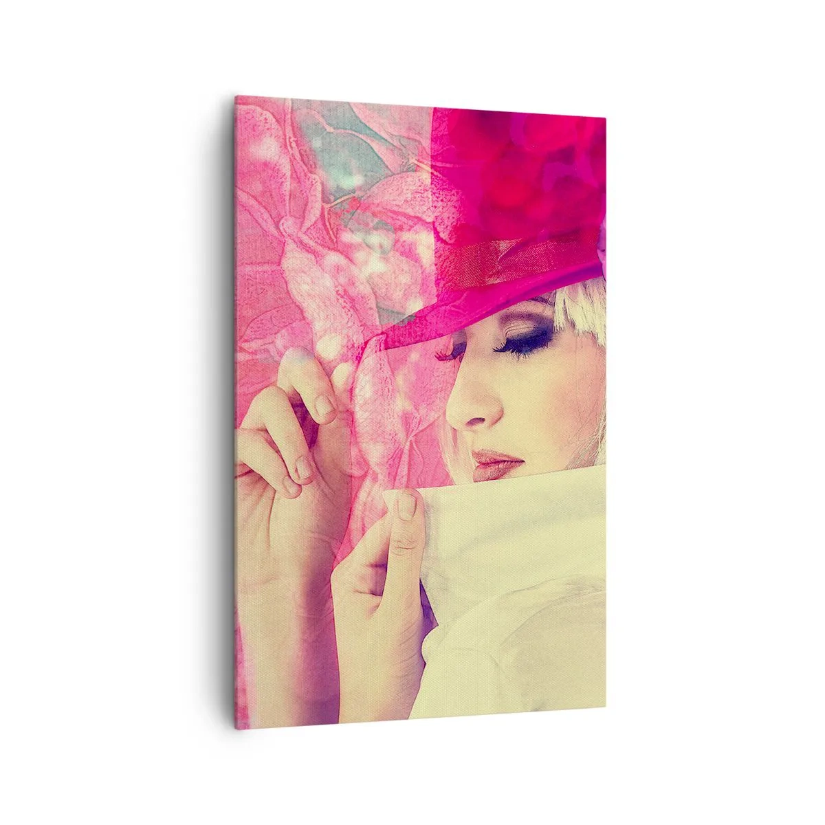 Bild auf Leinwand - Leinwandbild - Stilvolle Frau mit rosa Hut und Blume - 80x120cm - Retro-Porträt in einem rosa Nebel - Moderne Wanddekoration für Wohnzimmer und Schlafzimmer ARTTOR