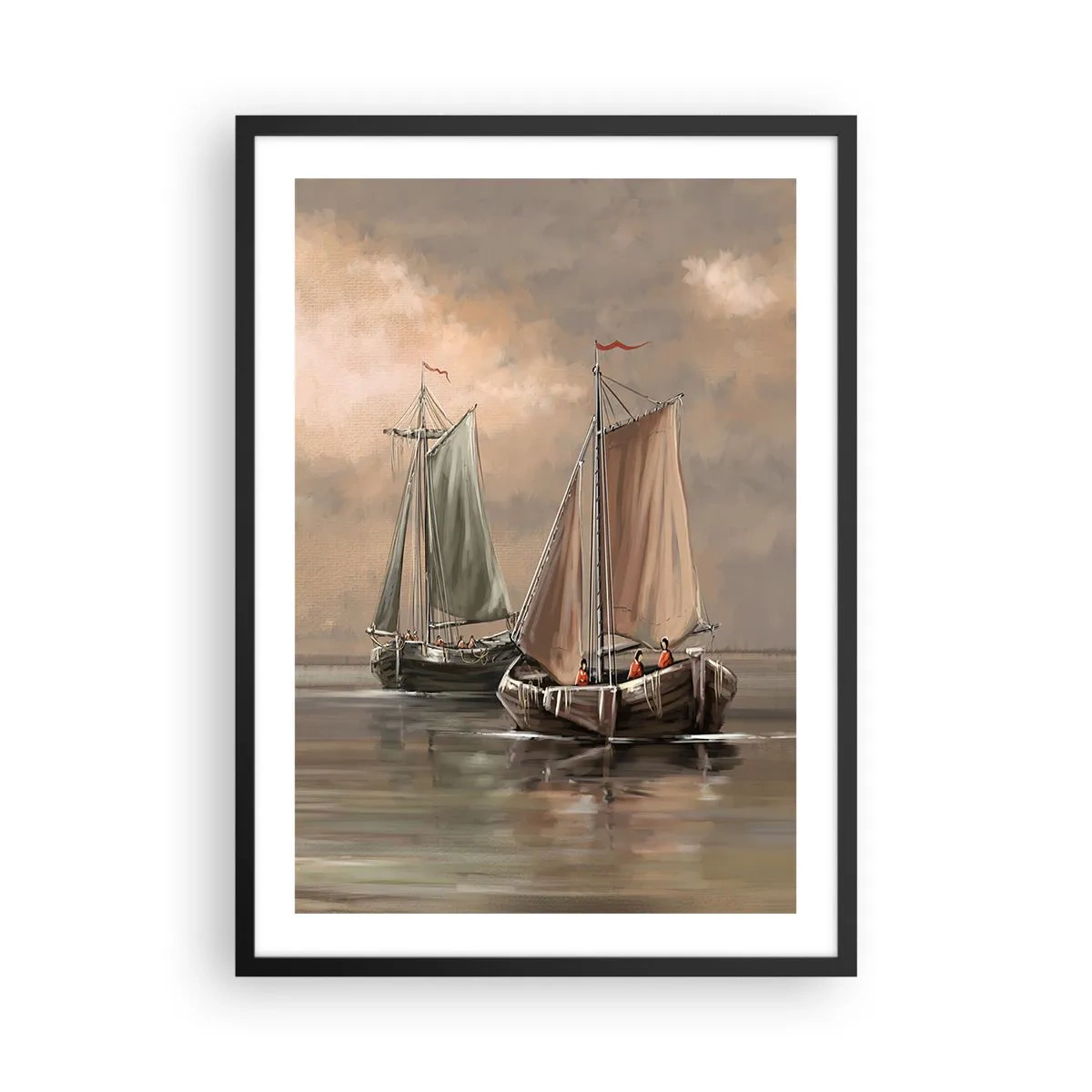 Poster in einem schwarzem Rahmen - Segelboote auf ruhiger See in Pastellfarben - 50x70cm - Die Rückkehr der Matrosen - Moderne Wanddekoration für Wohnzimmer und Schlafzimmer ARTTOR