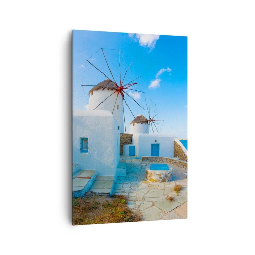 Bild auf Leinwand - Leinwandbild - Weiße Windmühlen an den Ufern des blauen Meeres - 80x120cm - Der blaue Wind vom Meer - Moderne Wanddekoration für Wohnzimmer und Schlafzimmer ARTTOR