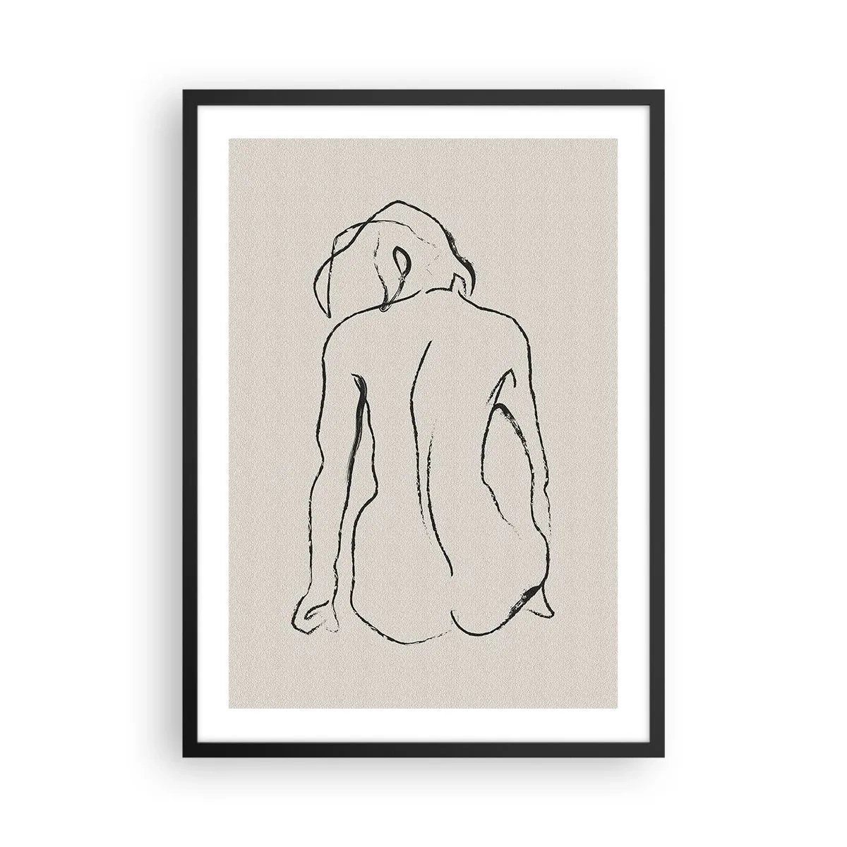 Poster in einem schwarzem Rahmen - Eine minimalistische Skizze einer nackten Frau, die rückwärts sitzt. - 50x70cm - Mädchenakt - Moderne Wanddekoration für Wohnzimmer und Schlafzimmer ARTTOR
