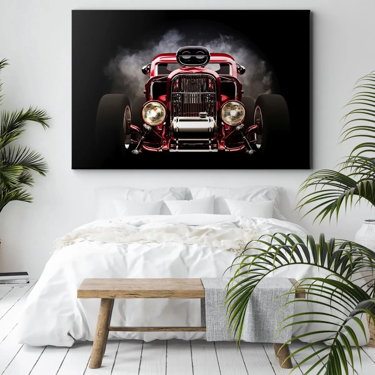 Bild auf Leinwand - Leinwandbild - Roter klassischer Rennwagen auf dunklem Hintergrund - 70x50cm - Schnell und wahnsinnig schön - Moderne Wanddekoration für Wohnzimmer und Schlafzimmer ARTTOR