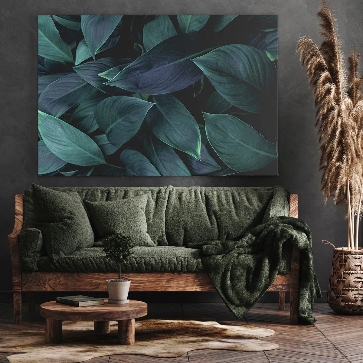 Bild auf Leinwand - Leinwandbild - Nahaufnahme von grünen Blättern mit dunklem Hintergrund - 100x70cm - Grün in sich selbst - Moderne Wanddekoration für Wohnzimmer und Schlafzimmer ARTTOR