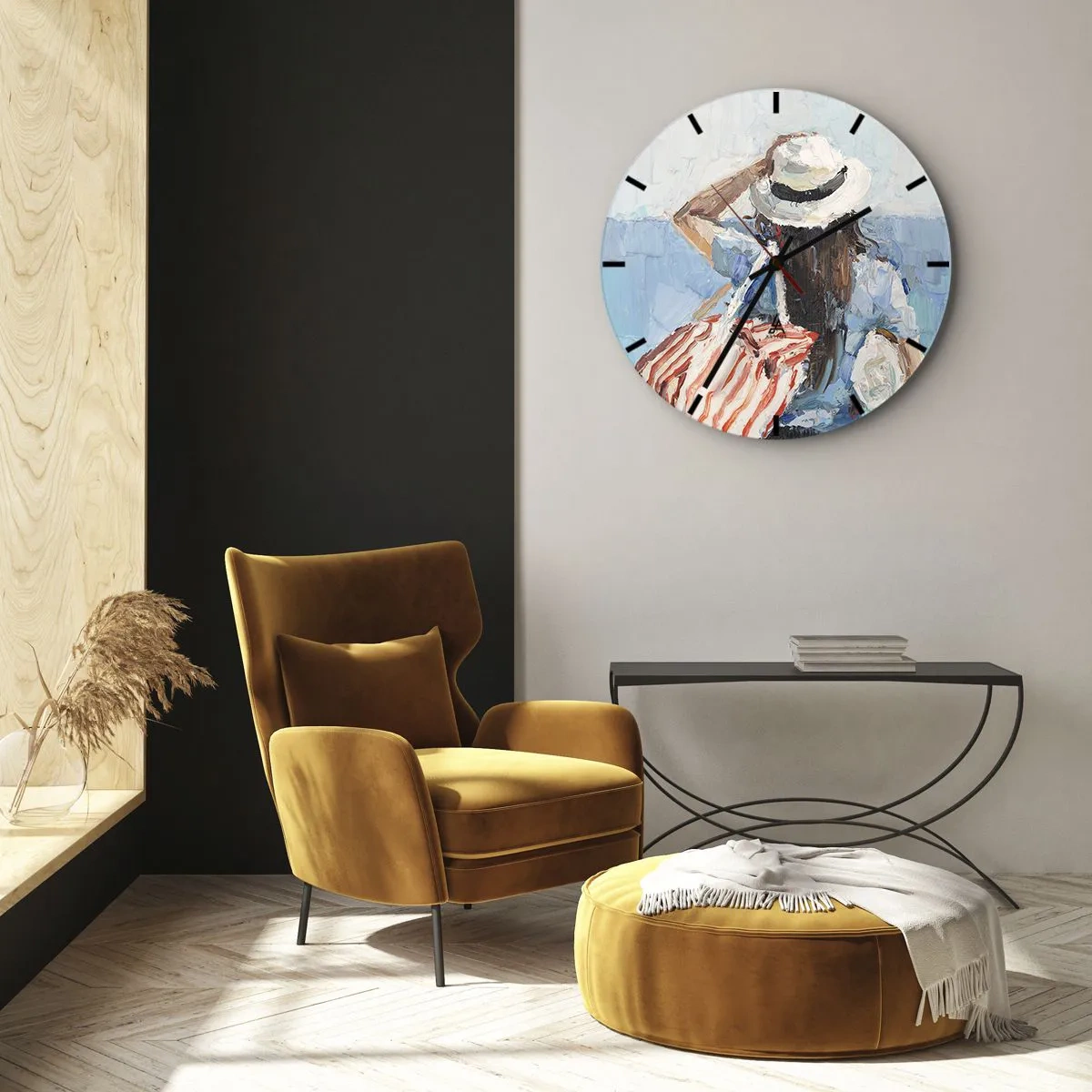 Wanduhr - Glasuhr - Ein Sommergemälde einer Frau mit Hut vor dem Meer - 30x30cm - Willkommen in den Sommerferien - Moderne Wanddekoration für Wohnzimmer, Küche und Schlafzimmer ARTTOR