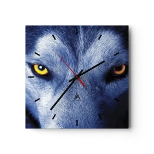 Wanduhr - Glasuhr - Nahaufnahme des intensiven Blicks eines Wolfes vor dunklem Hintergrund - 30x30cm - Faszinierender Blick - Moderne Wanddekoration für Wohnzimmer und Schlafzimmer ARTTOR