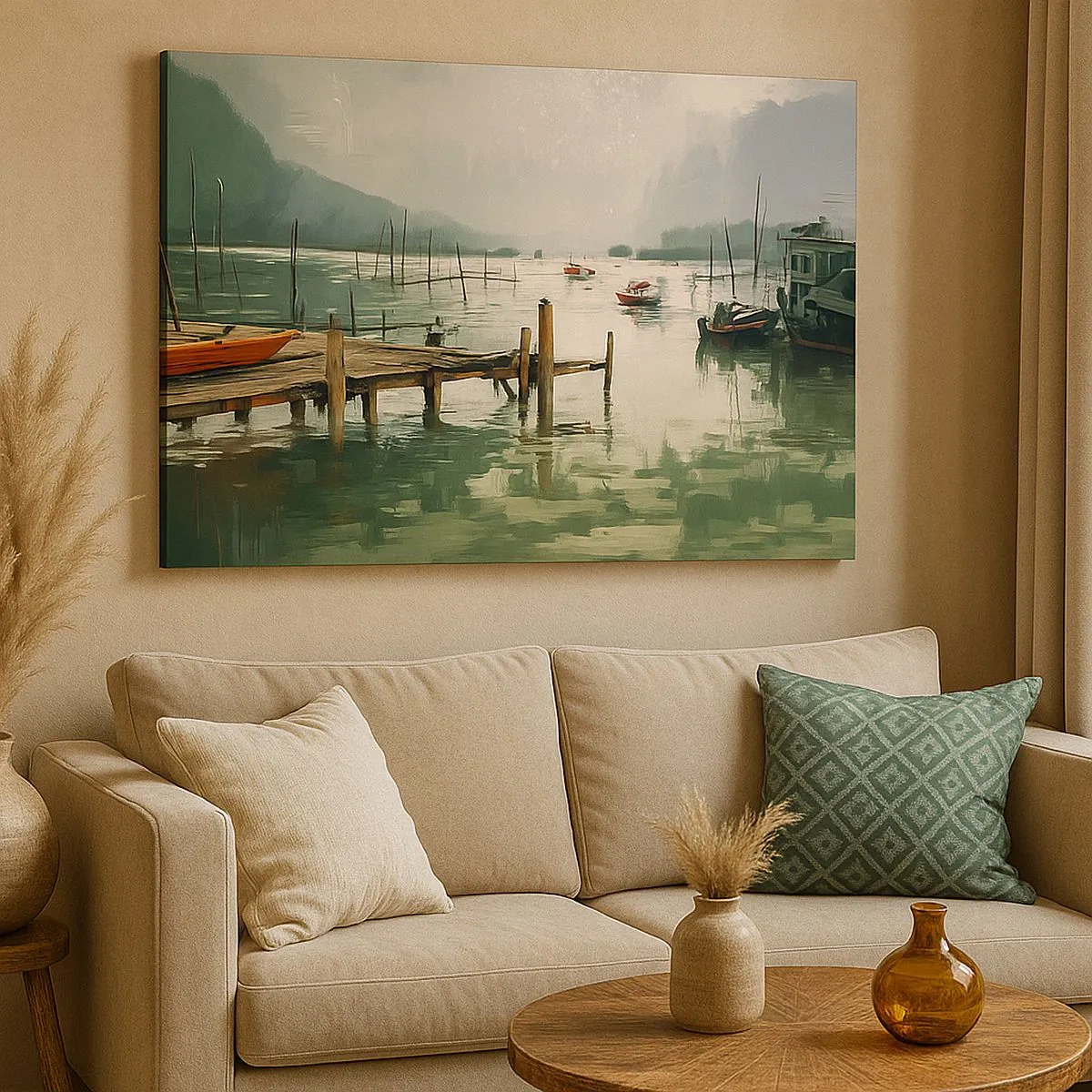 Bild auf Leinwand - Leinwandbild - Ein malerischer Hafen mit Booten auf ruhigem Wasser - 70x50cm - Durchnässt in einem geschmolzenen Mond - Moderne Wanddekoration für Wohnzimmer und Schlafzimmer ARTTOR